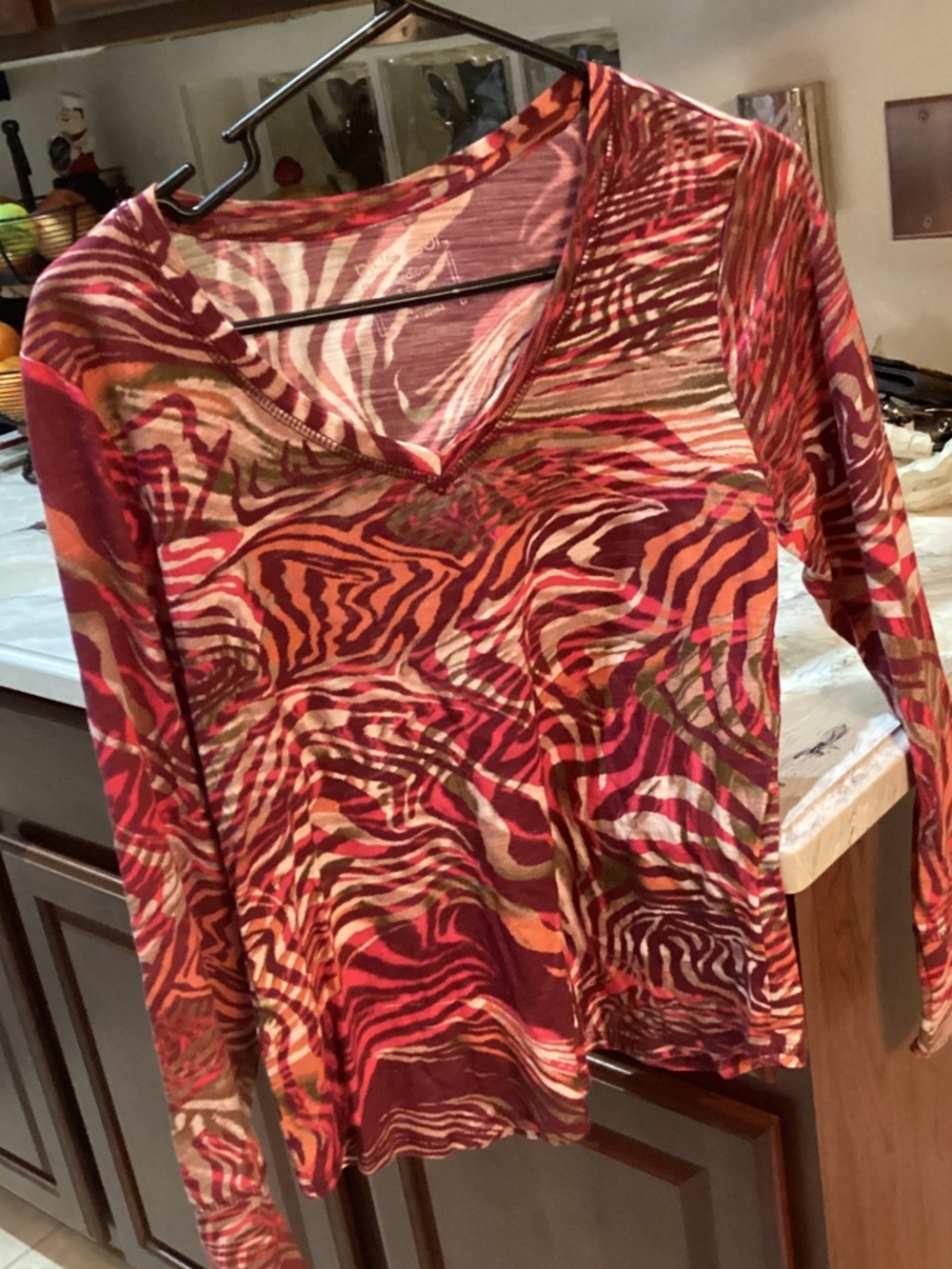 Vibrant Red & Pink Abstract V-Neck Long Sleeve Tee